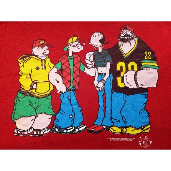 Vtg Popeye Shirt 90s Hip Hop Streetwear Y2K Red Size XL Graphic Tee 1993 King - Picture 10 of 16